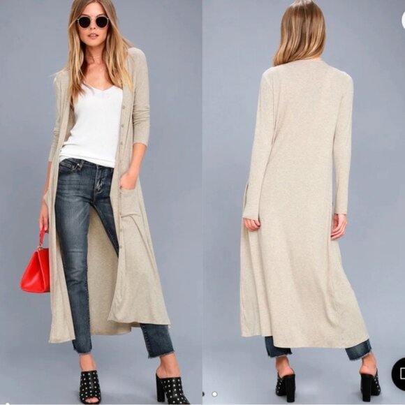 Lulu's | Graceful Ways Light Beige Long Cardigan Sweater | Size Extra Small - Picture 1 of 10